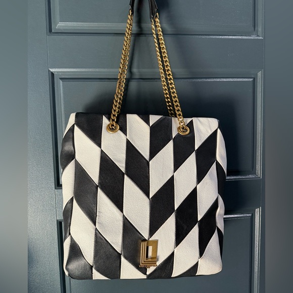 KARL LAGERFELD PARIS Lafayette Checkered Leather Shoulder Bag Tote & dust bag - Picture 6 of 12